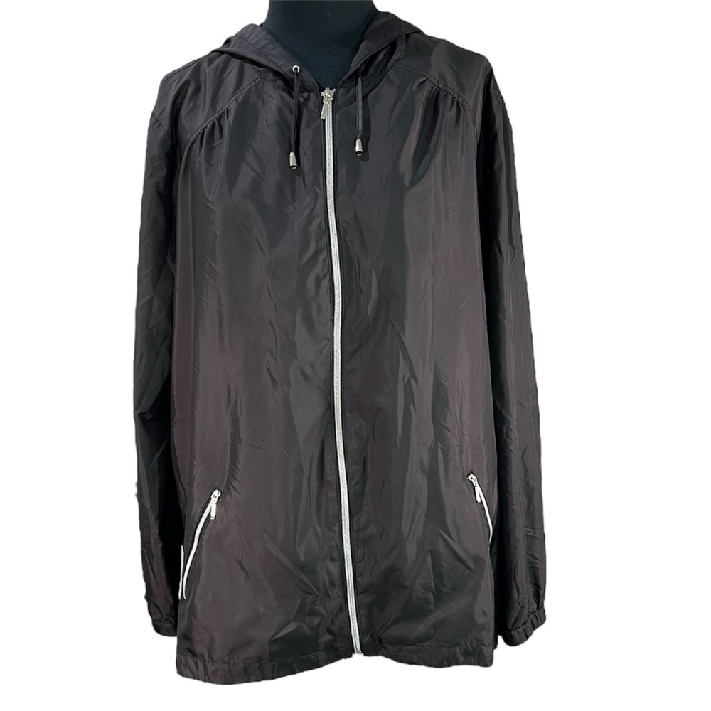 Black Hooded Windbreaker Rain Lightweight Travel Zipper Jacket Drawstring Hood